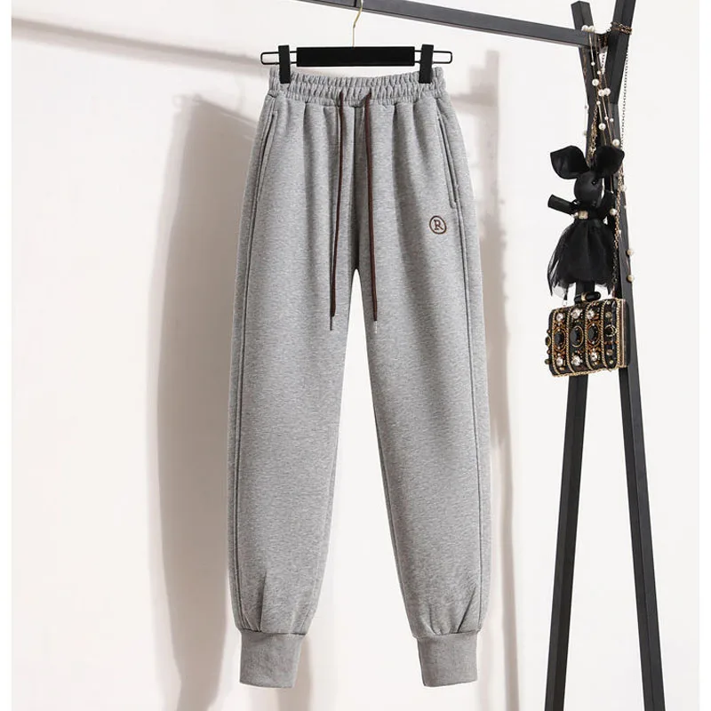 Thick Fashion Solid Color Sports Pants for Female Autumn Winter Women's Clothing Korean Casual Drawstring Elastic Waist Trousers