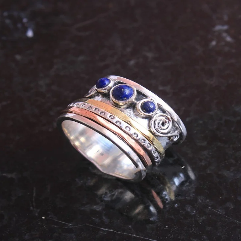 2025 Fashion Style Lapis lazuli tricolor meditation boho style alarm spinning silver ring, jewelry_voghion.com