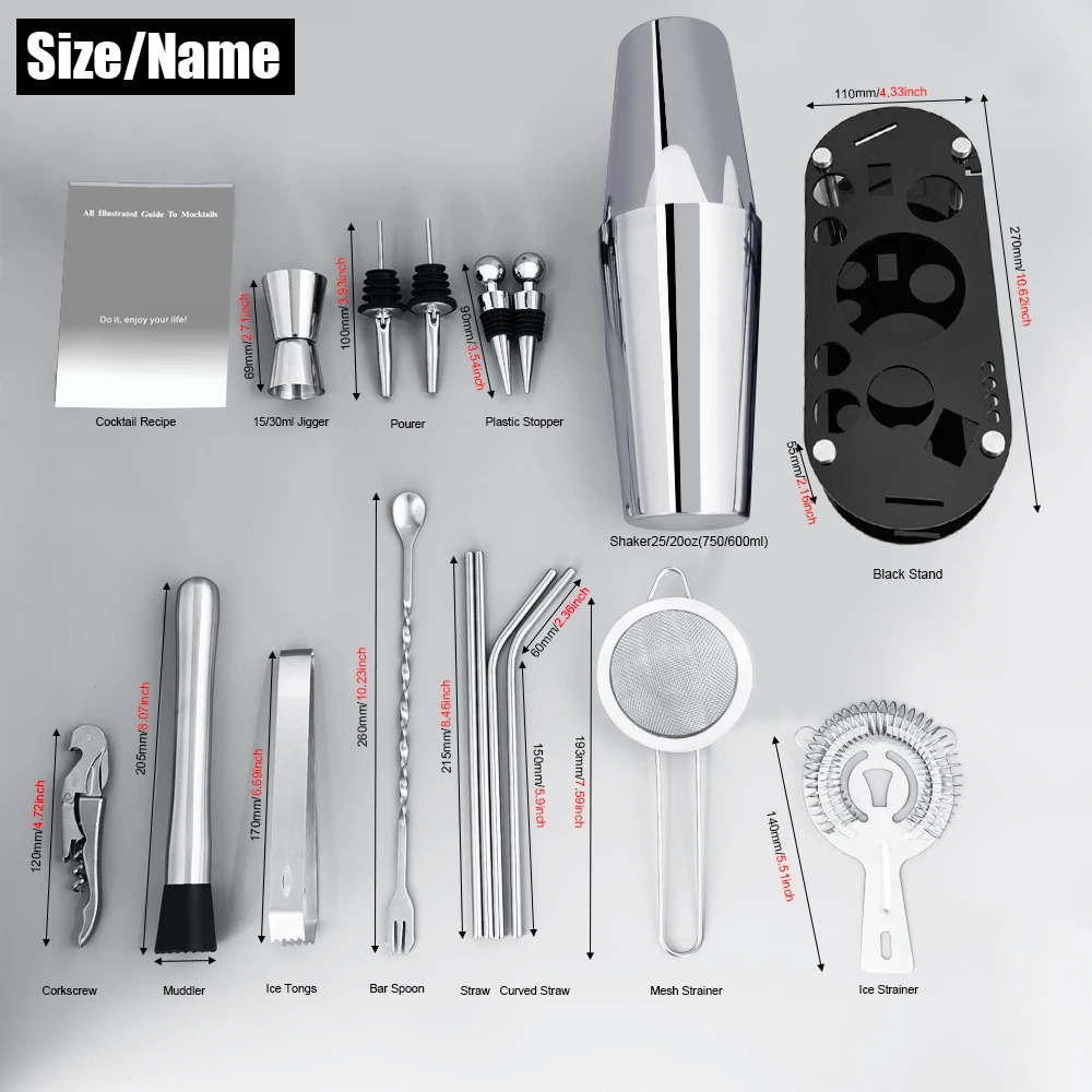 16Pcs Cocktail Shaker Set with Stand Cocktail Recipe, 750/600ml Boston Shakers, Jigger, Muddler,Pourer, Strainer, Spoon