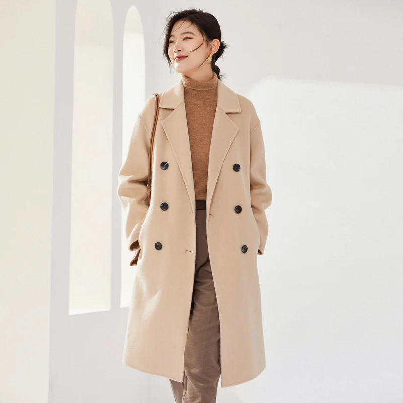 

Autumn and winter wear loose high-end double-sided wool coat women's mid-length double-breasted style wool coat