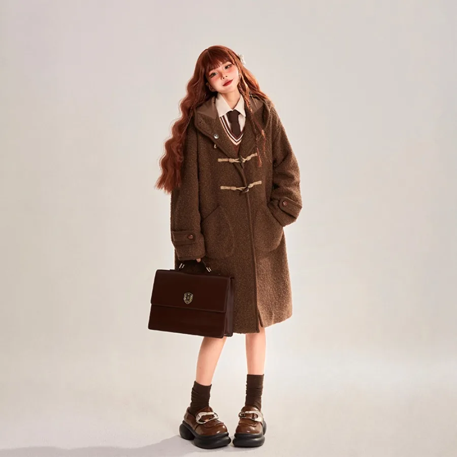 2023 Autumn And Winter New Japanese Coffee Apricot Color Loose Casual Mid-Length Wooden Coat Outerwear Women's Clothing Jacket