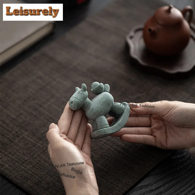 Green Sandstone Small Wooden Horse Tea Pet Handmade Lucky Model Tea Figurine Play Toys Tea Statue Ornaments Craftsmanship Gift
