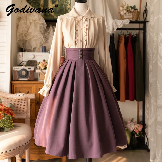 Spring Fall Women's High Waisted Pleated Skirt Original Design Elegant Classic Solid Color Female Long A-line Skirts 1