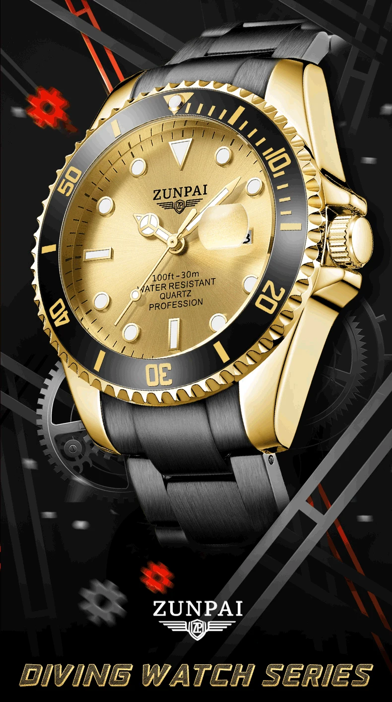 100%Original ZUNPAI Watch for Men's Waterproof Sports Stainless Steel Diving Wristwatches Golden 2022New Fashion Luxury TOPBrand