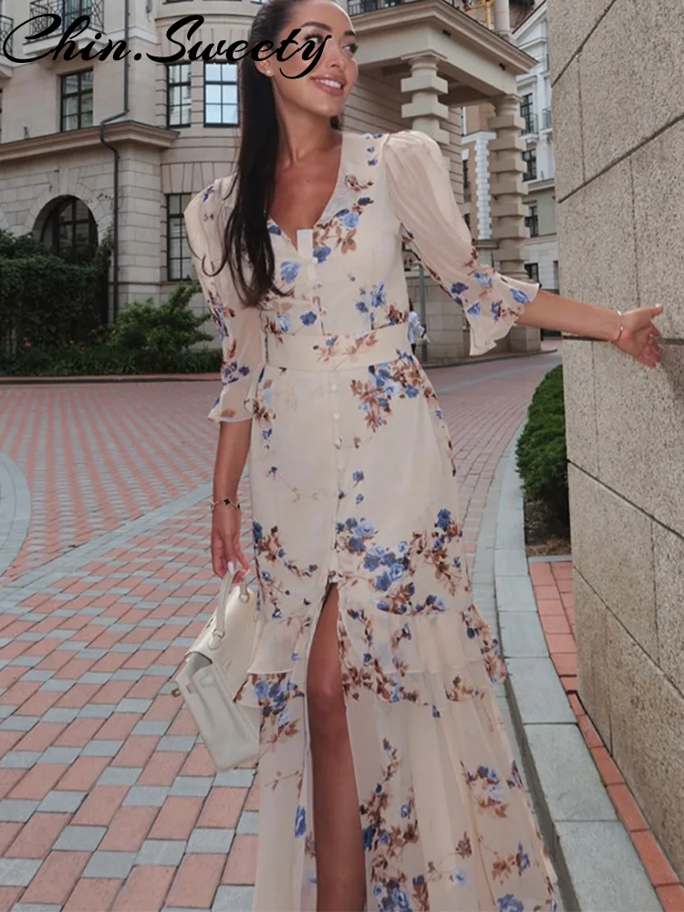 Printed V-Neck Ruffle Half Sleeve Long Dress with Single-Breasted Buttons — photo 4