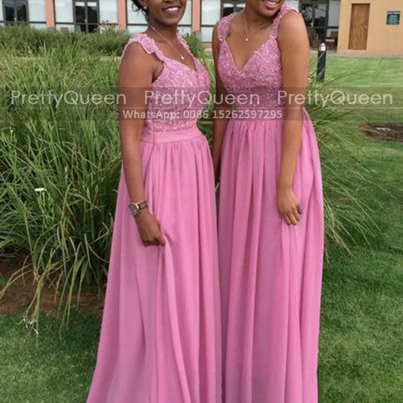 

Lace Appliques Beads Bridesmaid Dresses Pleat A Line Dark Pink Chiffon Deep V Neck Sleeveless Long Party Dress Wedding Guest