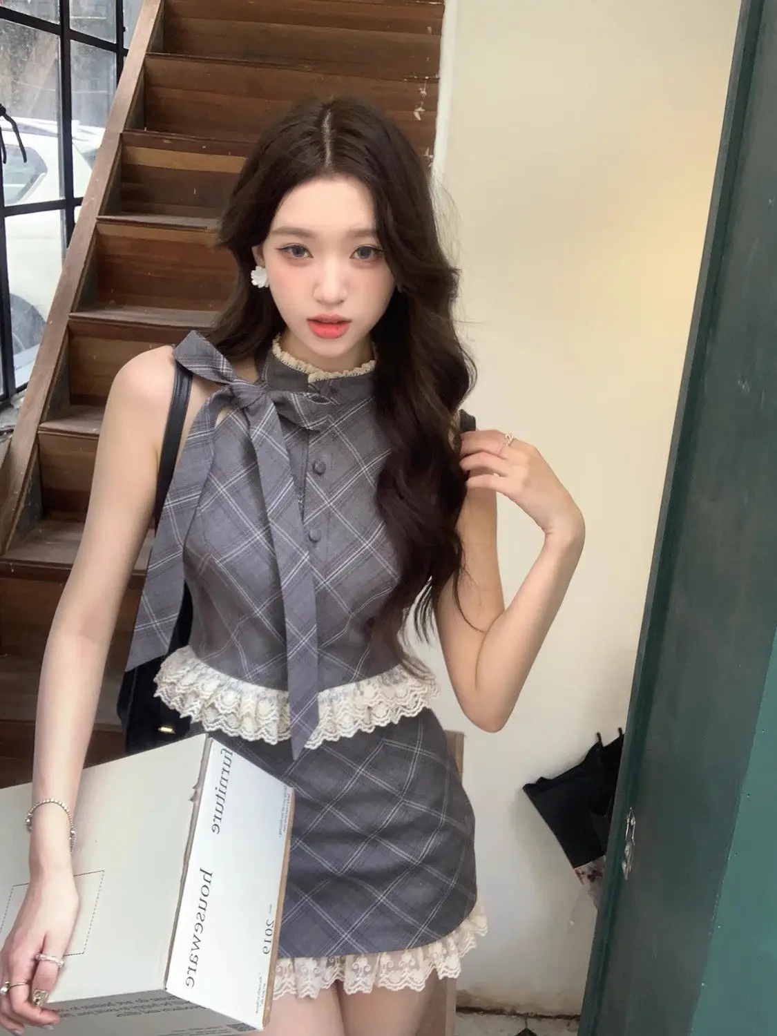 Korea Women Plaid Dress Summer Off Shoulder Button Party Skirt Women Sleeveless Fairy Vestido Two-Piece Suit