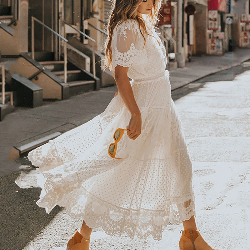 

Women's Dress White Hollow Out Patchwork Short Sleeve Lace High Waist Female Fashion Elegant Commute Slim Dress Summer New