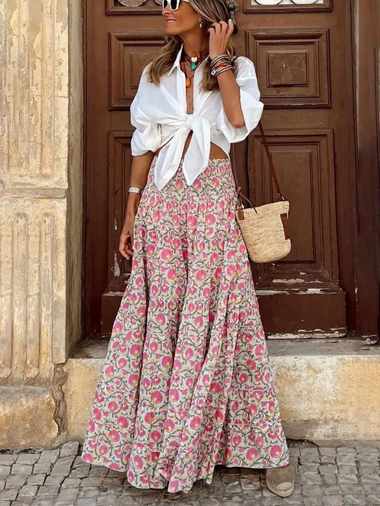 WildPinky Fashion Floral Print Skirts Women Summer Vintage Elegant High Elastic Waist Long Skirt Boho Casual