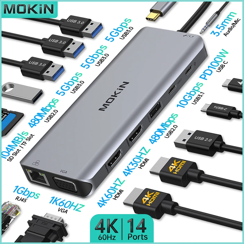 

Док-станция MOKiN 14 в 1 для MacBook Air/Pro, iPad, ноутбука Thunderbolt — Type-C 3.1, VGA 1K60 Гц, SD-карта, RJ45 1 Гбит/с, аудио