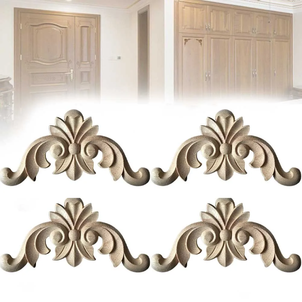 4pcs Wood Applique Carved Corner Onlay Furniture Mouldings Decal DIY For Frame Wall Door Cabinets Beige Decoration Crafts