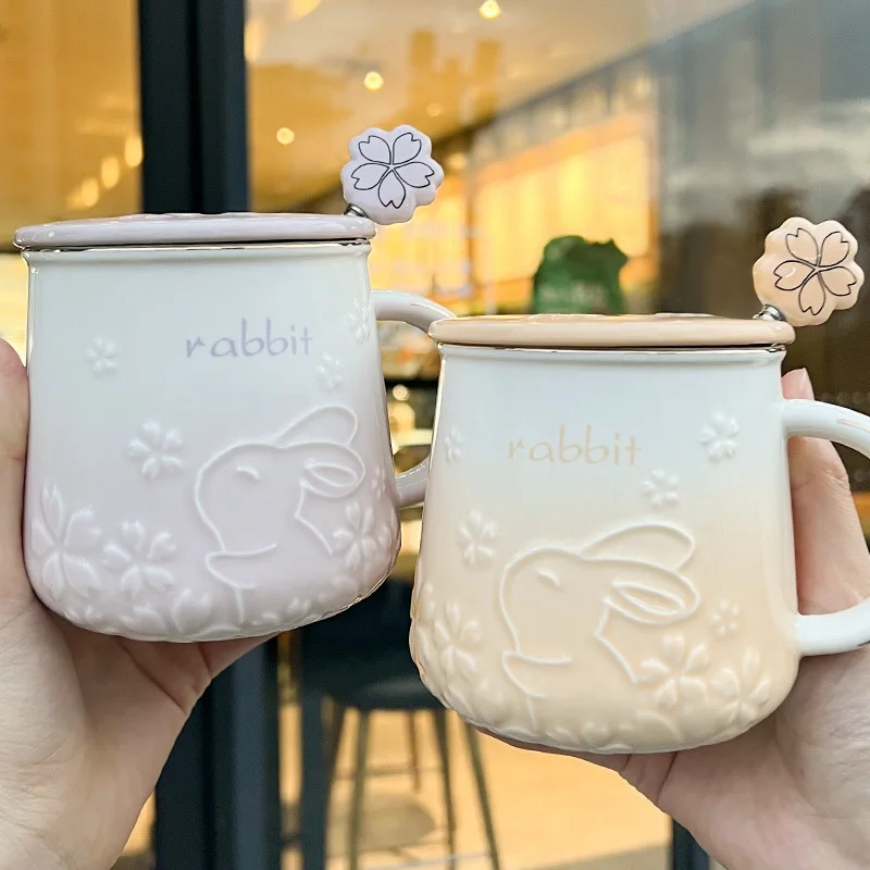 Arawat Rabbit Inside Cup Cute Coffee Mugs 12 oz Funny Coffee Mugs with Handle Tea Cup with Spoon Ceramics Cups Novelty Cups for Rabbit Lover Office