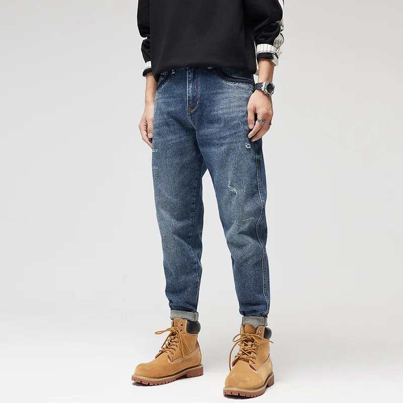 European and American casual washed stretch jeans men's autumn and winter retro denim hit color straight loose pants