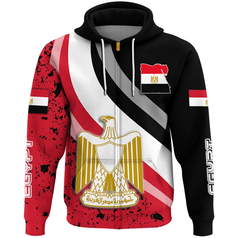 thumbnail image 1 of Sudadera con capucha con estampado de mapa y bandera de Egipto, sudadera con capucha con cremallera y emblema nacional egipcio para hombre, ropa informal, sudadera deportiva para hombre, 1 of 4