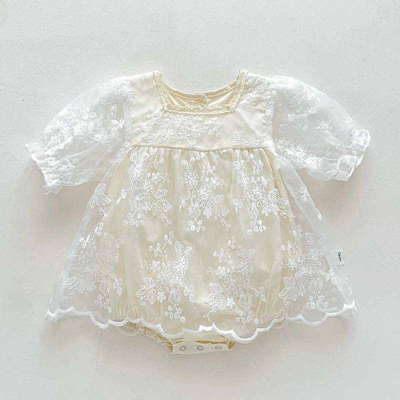 

Summer 0-24M Baby Girls Clothes Infant Baby Girls Jumpsuit Short Sleeved Cotton Embroidery Lace Stitching Toddler Baby Bodysuits