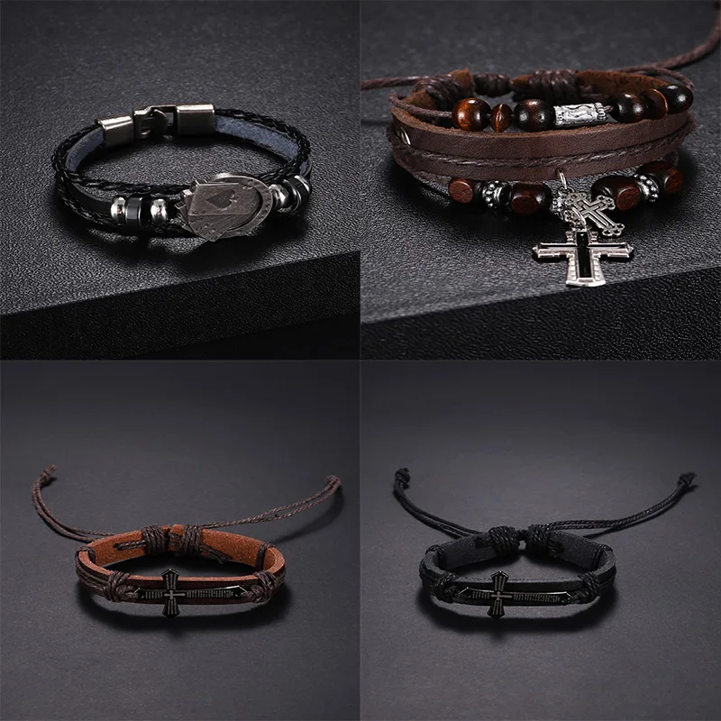

Braided Wrap Leather Bracelet for Men Vintage Life Tree Guitar Wood Beads Fashion Male Bracelets Wristband