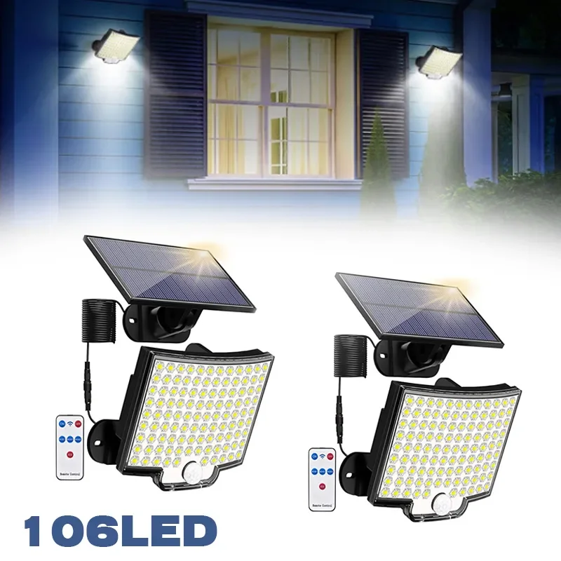 106LED Solar Light Outdoor Waterproof with Motion Sensor Floodlight Remote Control 3 Modes for Patio Garage Backyard
