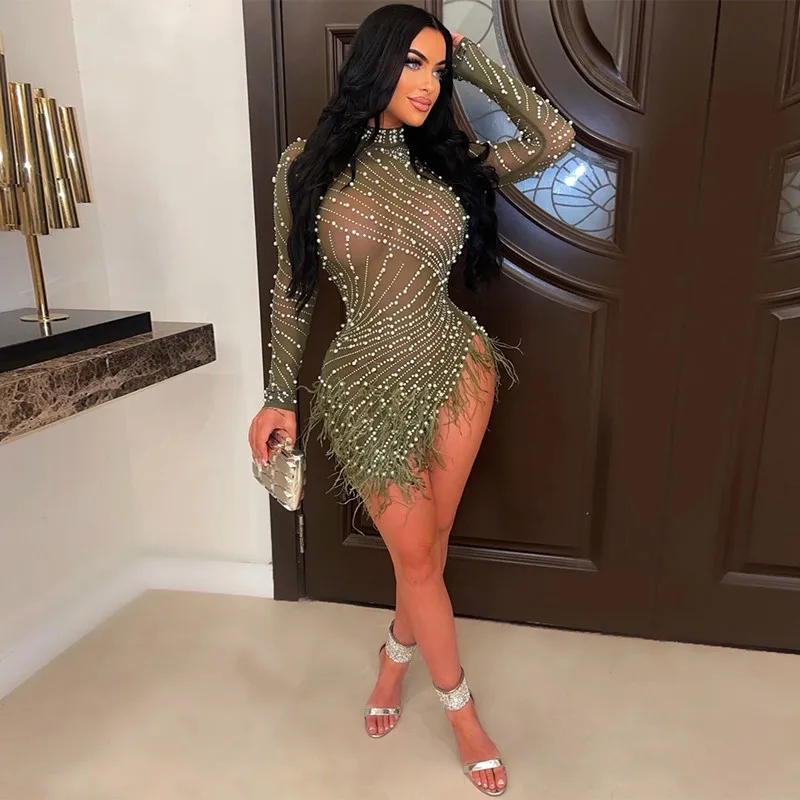 

Diamonds Pearls Sheer Mesh Feathers Mini Party Dress Women Sexy See Through Mock Neck Long Sleeve Bodycon Asymmetrical Clubwear