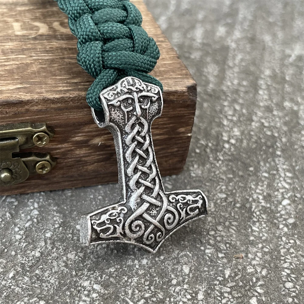 Odin Thor Hammer Mjolnir Jewelry Wolf Knots Amulet Norse Runes Beads Accessories Mens Womens Paracord Viking Bracelet Dropship