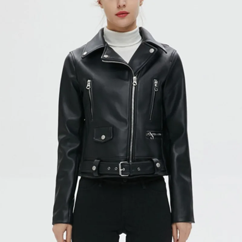 2023 New Autumn Winter European American Ladies Black Artificial Leather Jacket Coat Lapel with Belt Rivet Leather Overcoat janevini vintage autumn bride holding flowers artificial dusty pink rose brown leaves bridal flowers wedding bouquets bruiloft