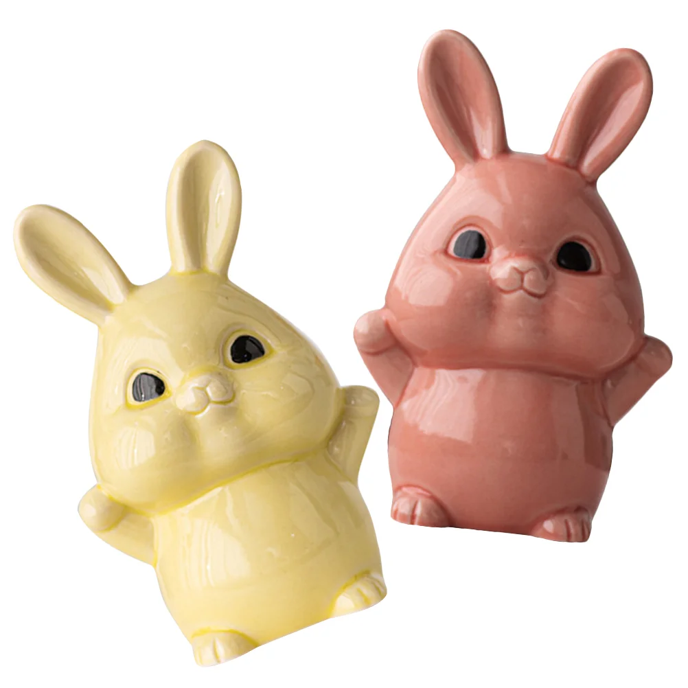 

2 Pcs Ceramic Rabbit Ornament Zodiac Bunny Figurines Decorative Birthday Decoration for Girl Lovely Tiny Dining Table