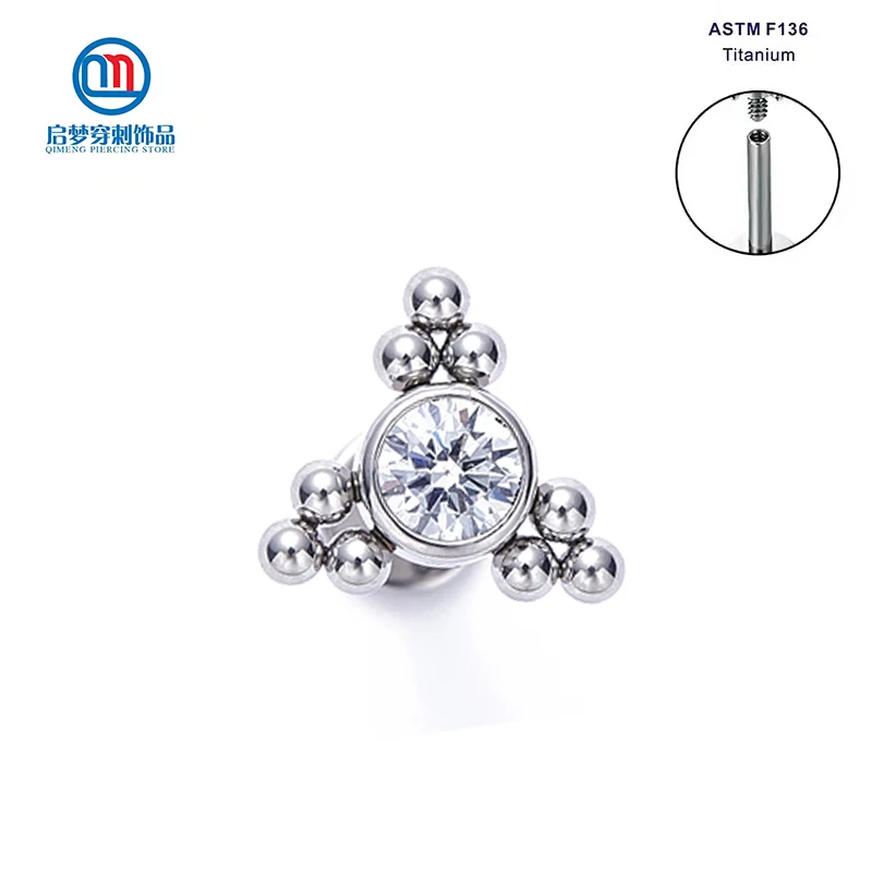 Astm F136 Titanium Internally Threaded Labret Ring Triple Crystal And