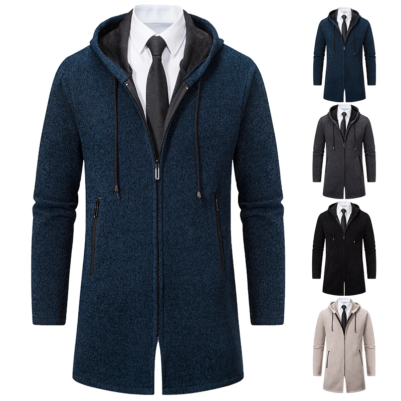 Men's Long Trench Coat Winter Fleece Long Jacket Knitted Sweater Luxury Designer Y2K High Quality Korean Style Hooded Cardigan