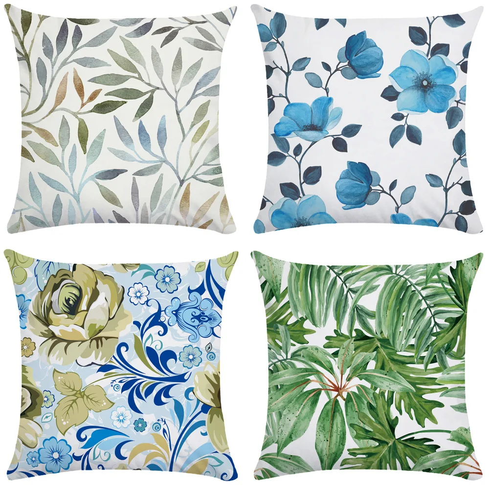 

Summer Blue Flowers Pillowcase Green Leaves Pillows Case for Bedroom Sofa Bed Garden Chair Pillow Cover Interior for Home Decor
