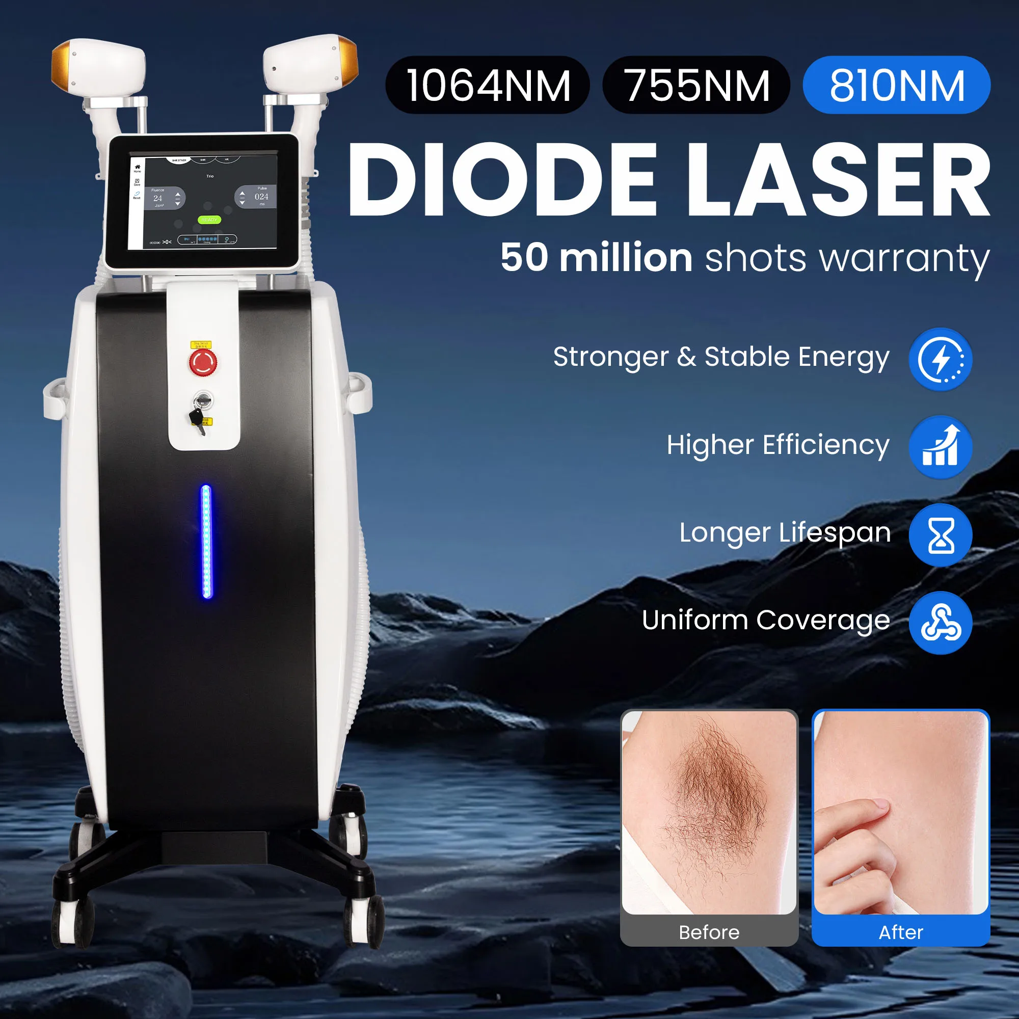 Diode laser hair removal machine 16 Bars 5000W 3 Wavelength FAC CE RoHs Hair Removal 755 810 1064nm Diode Laser Salon 1