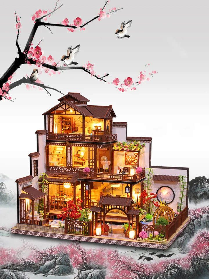 Casa Delle Bambole In Miniatura In Stile Cinese A 3 Piani - Kit Fai Da Te In Legno Con Luci LED - Regalo Creativo Per Adulti E Bambini - 2