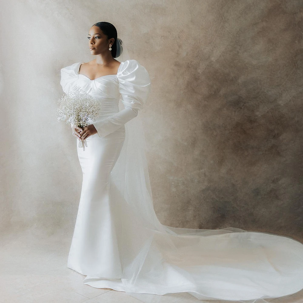 

Elegant Satin Mermaid Wedding Dresses for Bride Puff Sleeve Sweet Heart Sweep Train Africa Garden Civil Bridal Gown High Quality