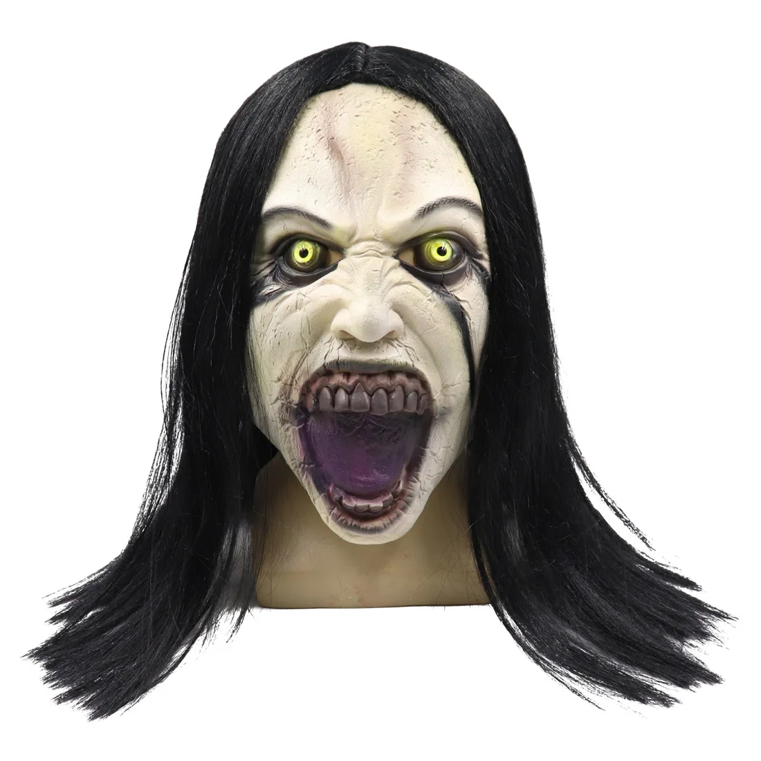 

Terror Black haired Female Ghost Mask Long Hair Scary Mask Halloween Pullover Prop