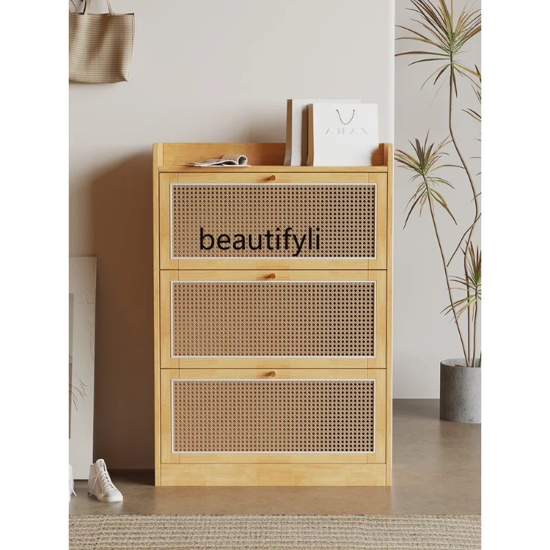 

Simple Rattan Shoe Cabinet Solid Wood Home Door Ultra-Thin Hallway Cabinet Small Apartment Flip Large Capacity Hall Cabinet
