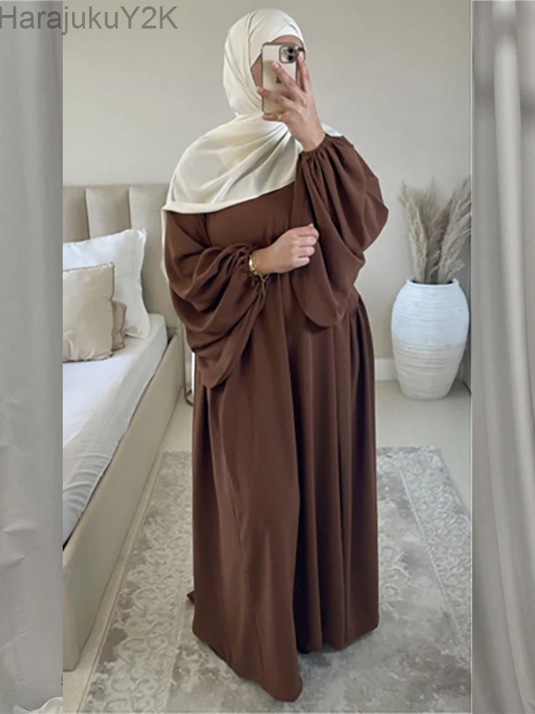 

Plain Abaya Muslim Long Dress Women Ramadan Eid Crepe Balloon Sleeve Islamic Jilbab African Dresses Dubai Turkish Modesty Kaftan