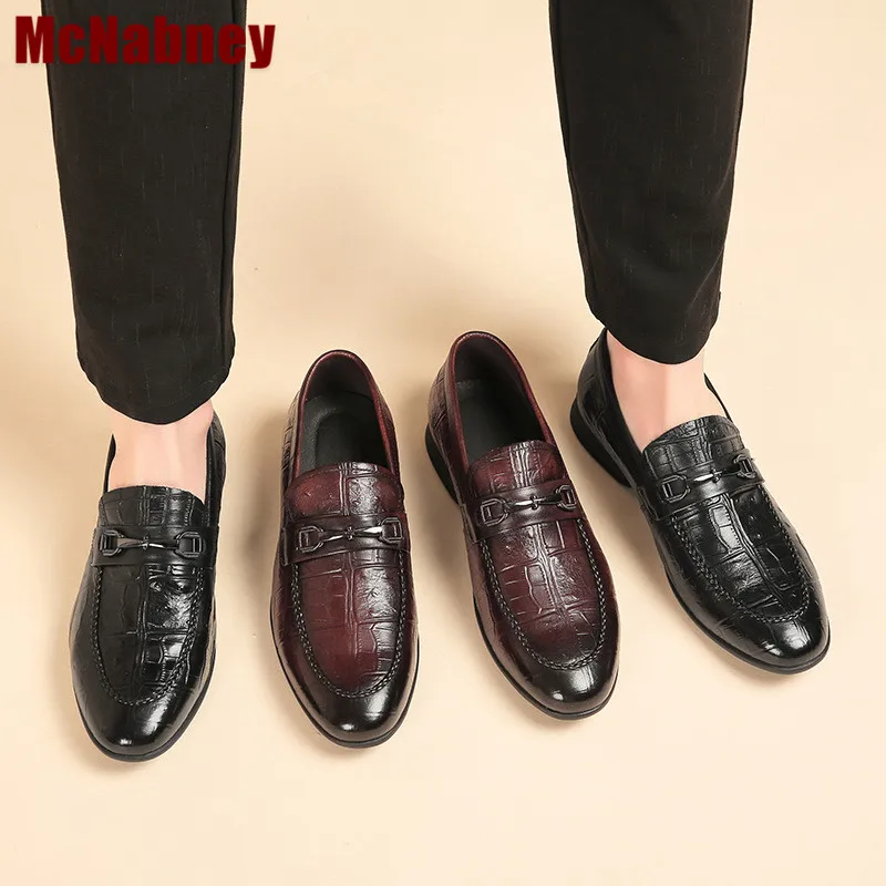 

Crocodile Pattern Business Leather Shoes Dress Shoes Round Toe Loafers Slip-On Flats British Luxury Designer Men Leather Shoes