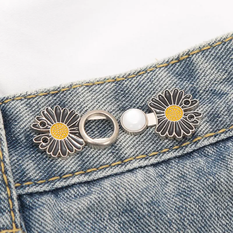 Reusable Metal Flower Buttons Pearl Snap Fastener Pants Pin Retractable Sewing-on Buckles for Jeans Fit Reduce Waist Accessories