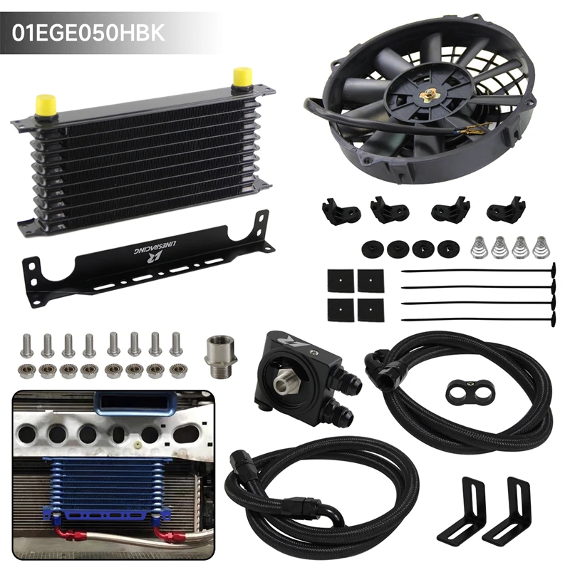 

Universal AN10 10-19Row Oil Cooler Adapter kit Thermostatic 73±0.5° w/ Bracket Kit +7'' Electric Fan Fit M20*1.5 & 3/4"-16 UNF