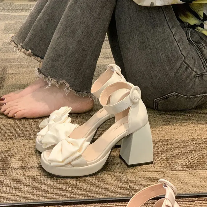 2023 Luxury Platform High Heel Sandals for Women Silk Stain Bowknot Banquet Party Shoes Woman Ankle Buckle Thick Heels Sandalias