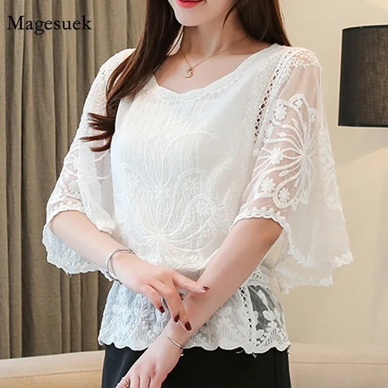 Women's Butterfly Flower Half Sleeve Shirt Elegant Fashion Chiffon Blouse Summer Lace O Neck Loose Shirt New 4073