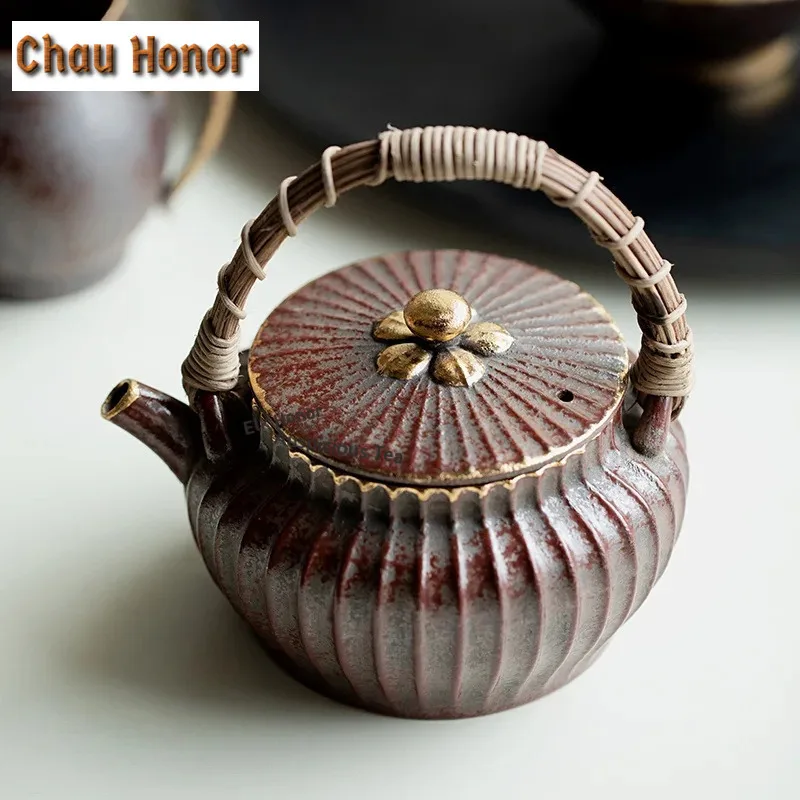460ml Old Rock Mud Rust Red Teapot Handmade Vine Weaving Pot Chrysanthemum Petal Teapot Zen Tea Soaking Kettle Tea Services Gift