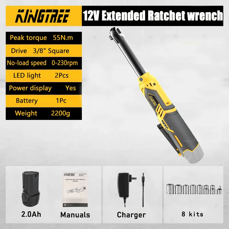 

Kingtree 55NM Cordless Electric Extended Ratchet Wrench Set 12V 3/8" Ratchet Tool Kit With 1/2 Packs 2000mAh Lithium-Ion Battery