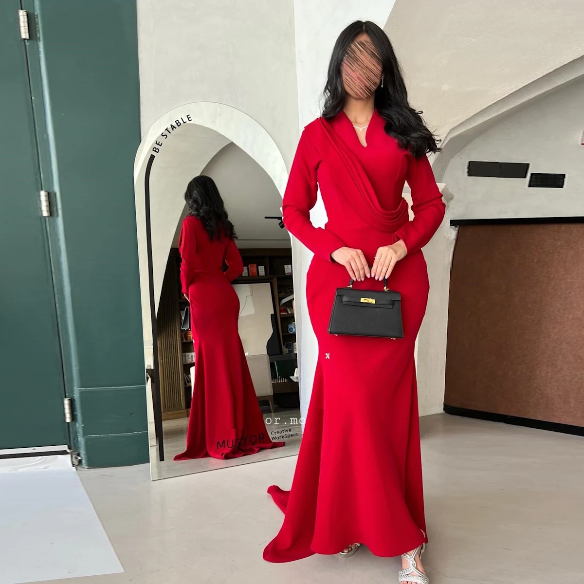 

ROSELLA Sexy V Neck Evening Dresses Pleated Ankle Length Mermaid Formal Occasions Dress New 2023 Long Sleeves Prom Gown