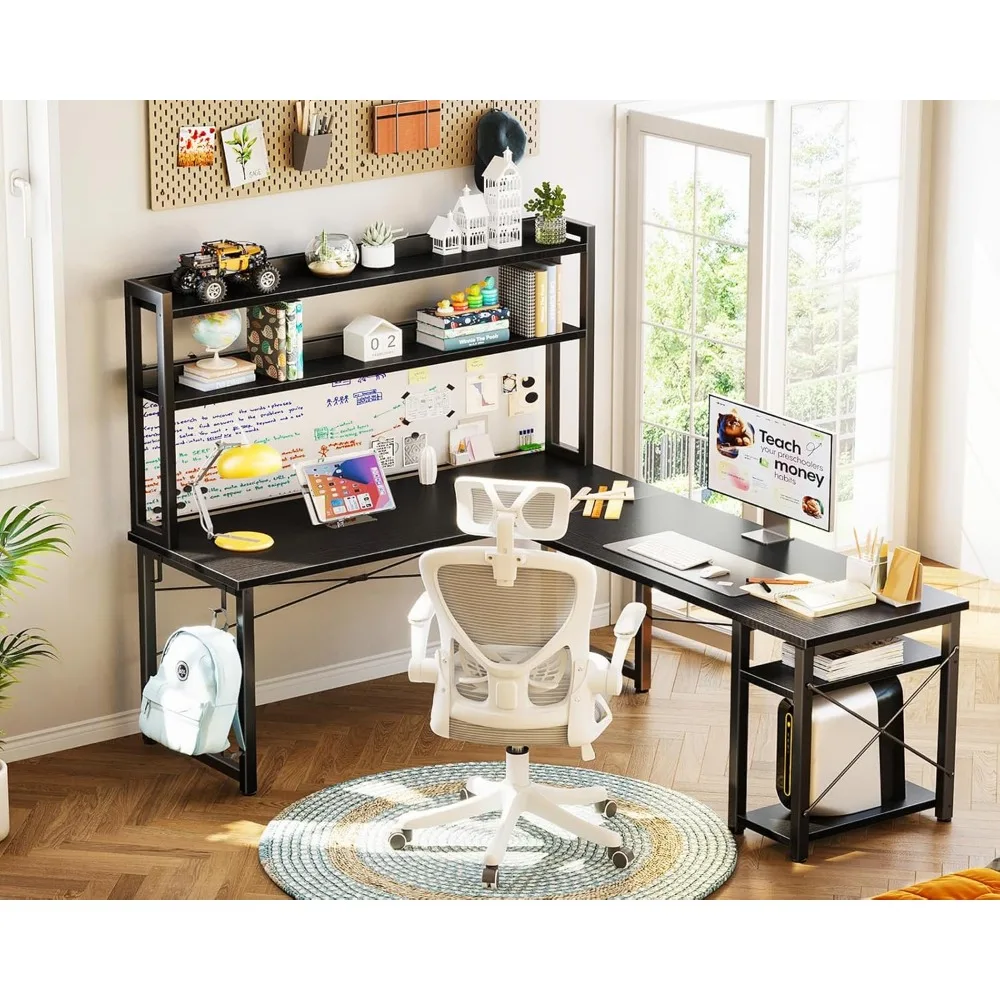 L Shaped Gaming Desk with Hutch, Computer Desk with Storage Shelves, 66" L Shaped Desk for Home Office, Corner Desk with Headph 5