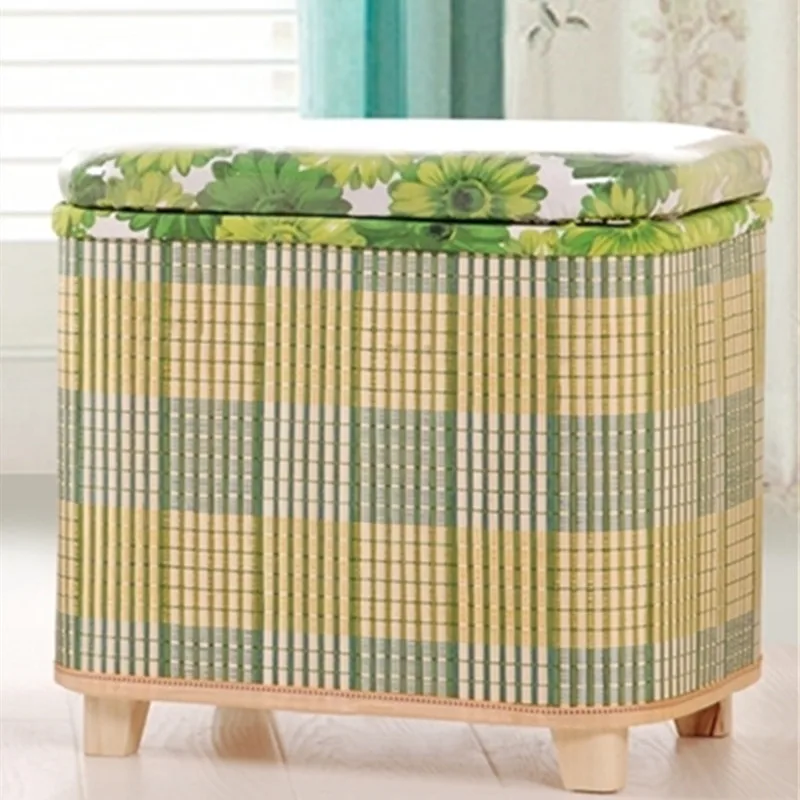 Bamboo Woven Storage Stool and Multi-Functional Wooden Bench