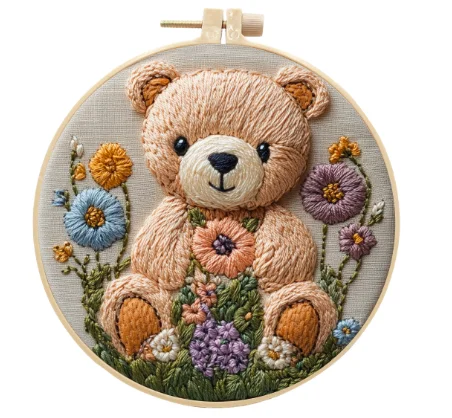 Flower and bear embroidery kit set with 15cm hoop simple three-dimensional embroider Ribbon set DIY needlework craft supplies