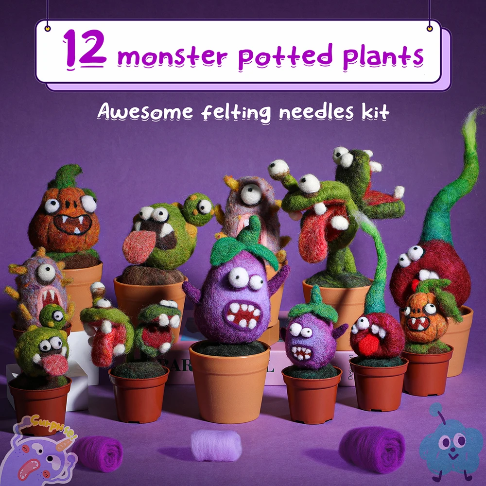 Wool Needle Felting Kit Felt Plant Vegetables Team Monster Kit for Beginner with DIY Needle Felting Supplies and Instruction