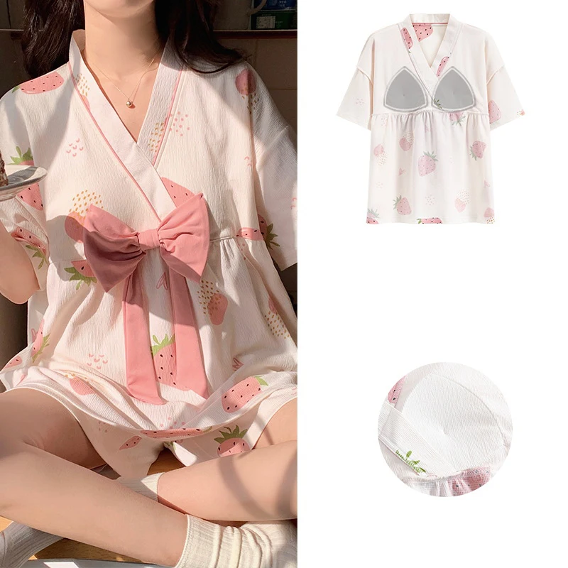 Spring New Women's Pajamas Set V Neck Pajamas Short Sleeve Shorts Cotton Thin Girl Wide Summer Season Song Home Furnishing