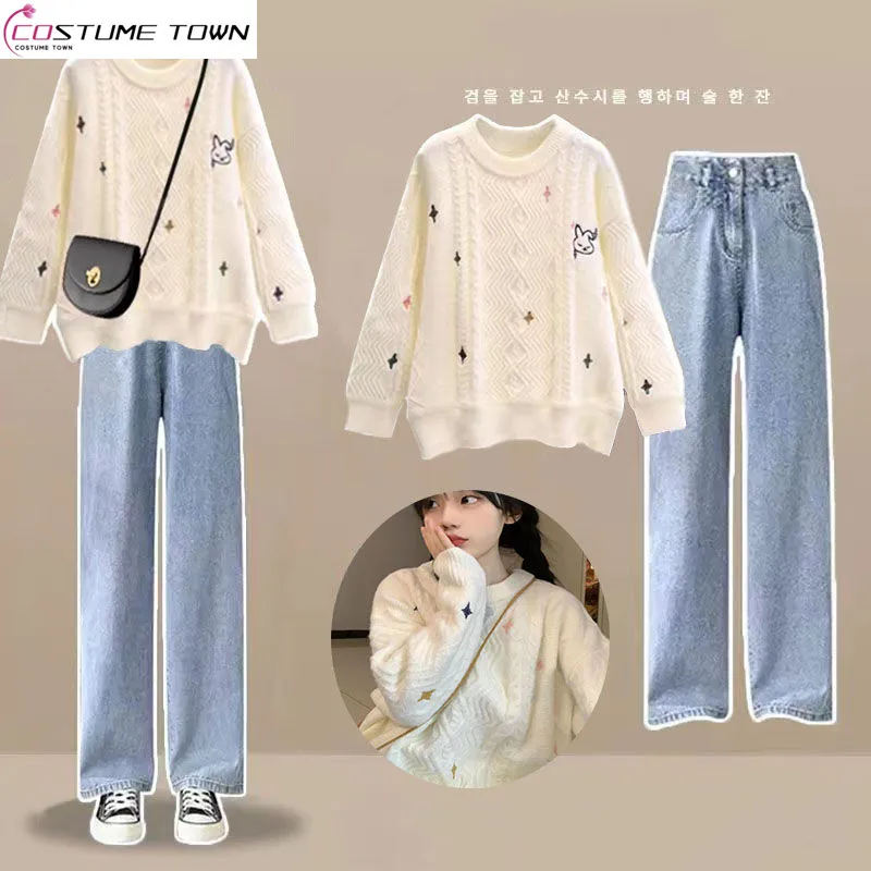 Autumn and Winter Set Female Student Korean Edition Loose Knitted Lazy Sweater+High Waist Wide Leg Jeans Two Piece Set Fashion 2023 new autumn and winter fashion trend handsome open thread splice casual loose lazy style high grade couple sweater coat