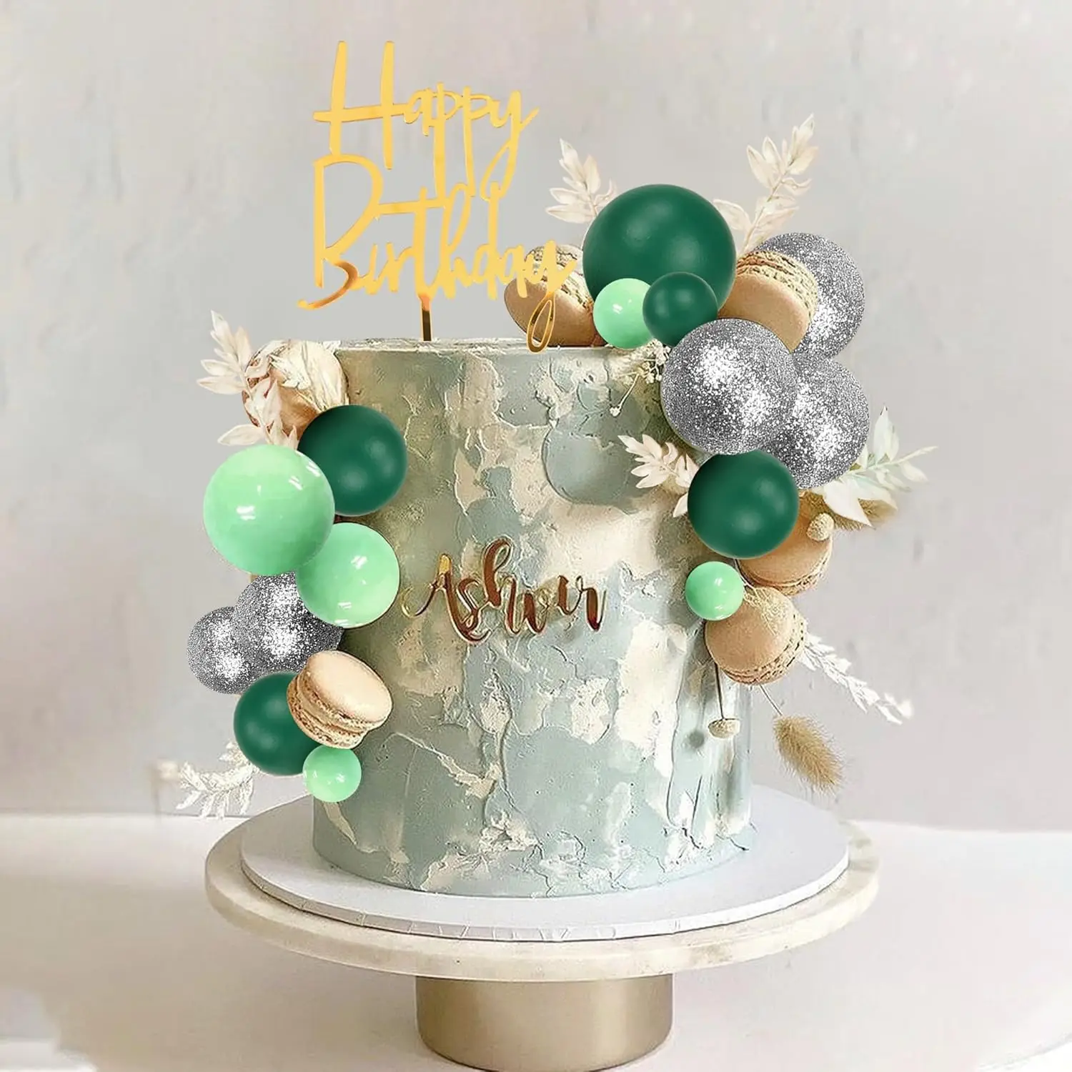 39 Stück Khaki-Kugeln, Tortenaufsatz, Boho-Gras-Kuchenaufsatz, Khaki, Weißgold, Perlenkugeln, alles Gute zum Geburtstag, Kuchendekorationen für Hochzeit – Detail 16