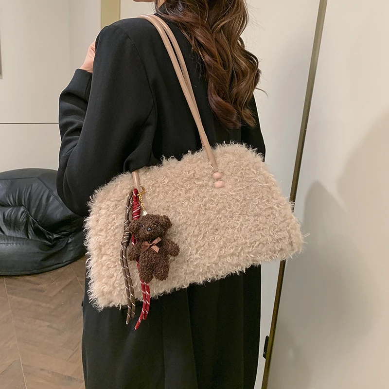Luxus Lamm Woolen Handtasche Geldbörse Kupplungen Frauen Tasche 2024 Winter Neue Große Kapazität Unterarm Schulter Tasche Dame Warme Plüsch Tasche – Detail 7